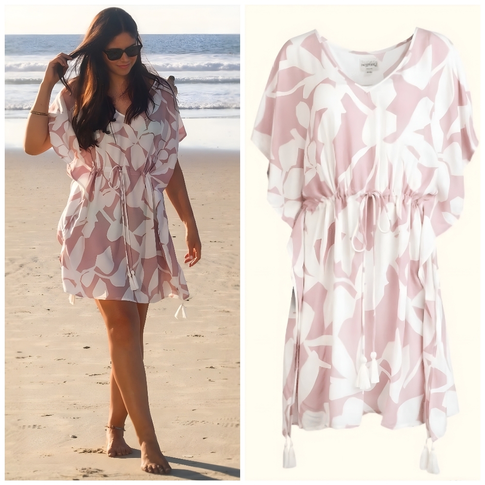 Poolside Paradiso Islander Pink White Floral Tassel Cover Up Tunic Top, S